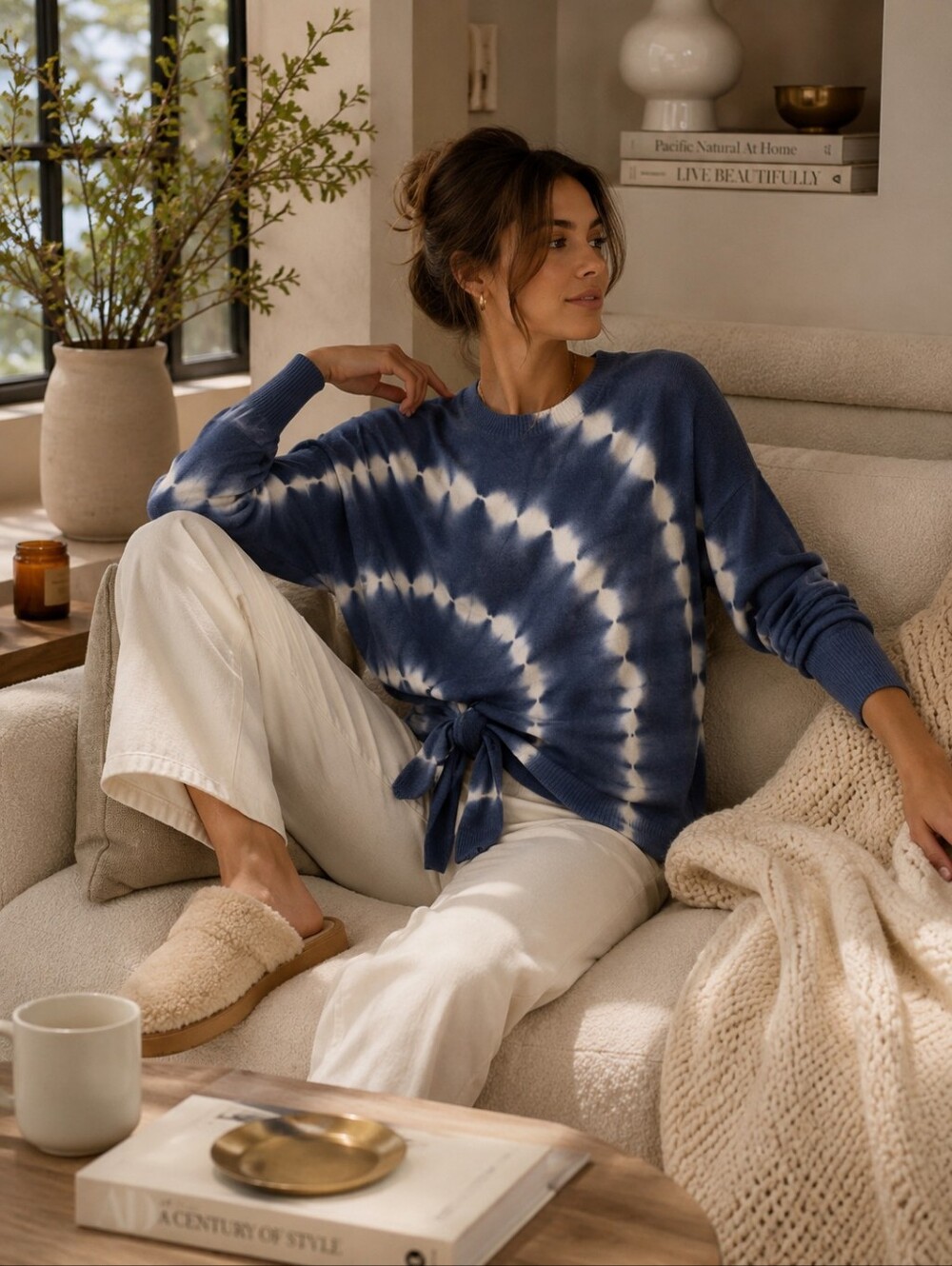 Cinq‎ a Sept Tie Dye Wool Cashmere Sweater Top Blue White Knot Detail Women’s XL